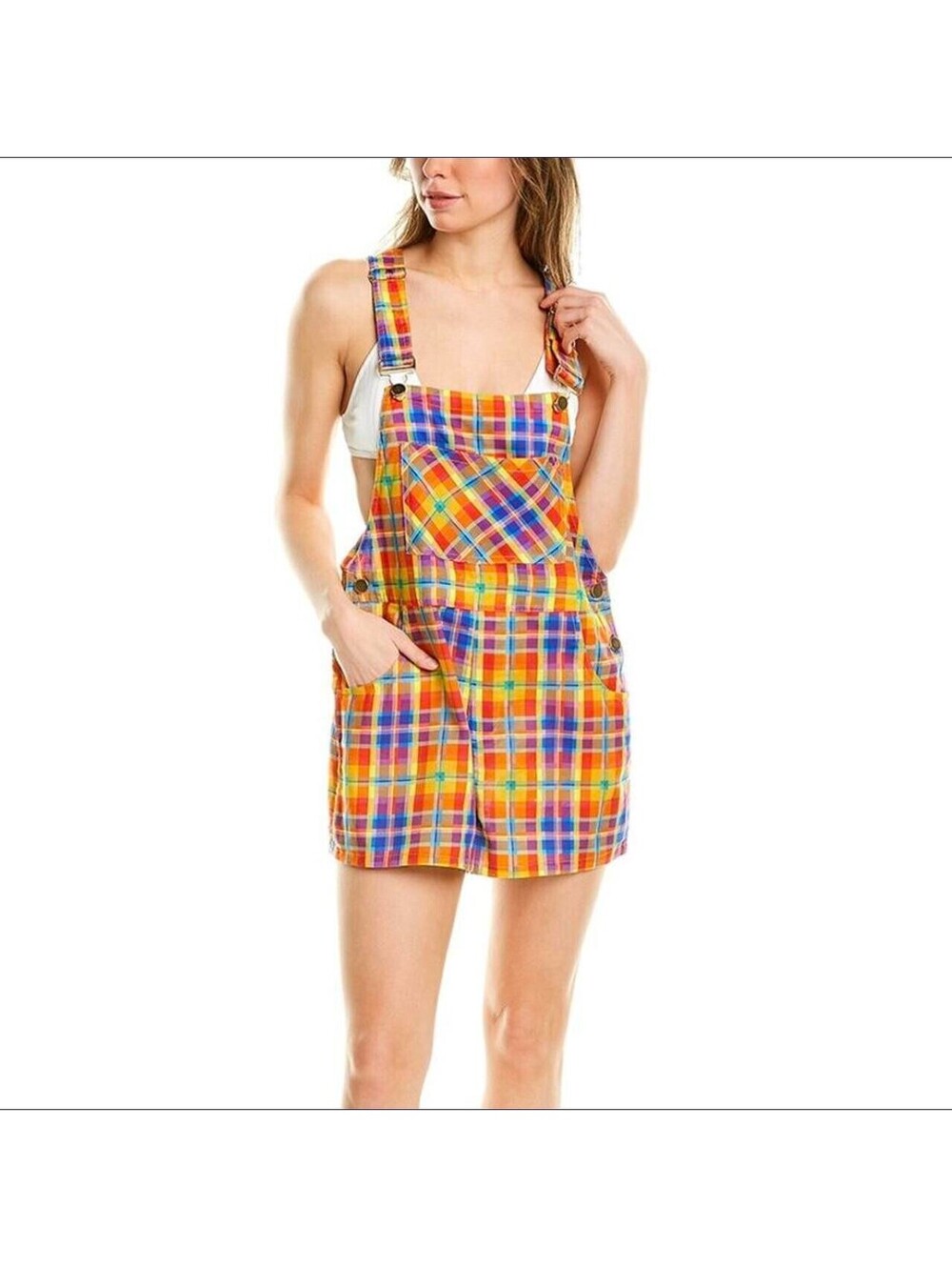$128 NWT WeWoreWhat Danielle Bernstein Basic Rainbow Plaid Overall Shorts Sz S